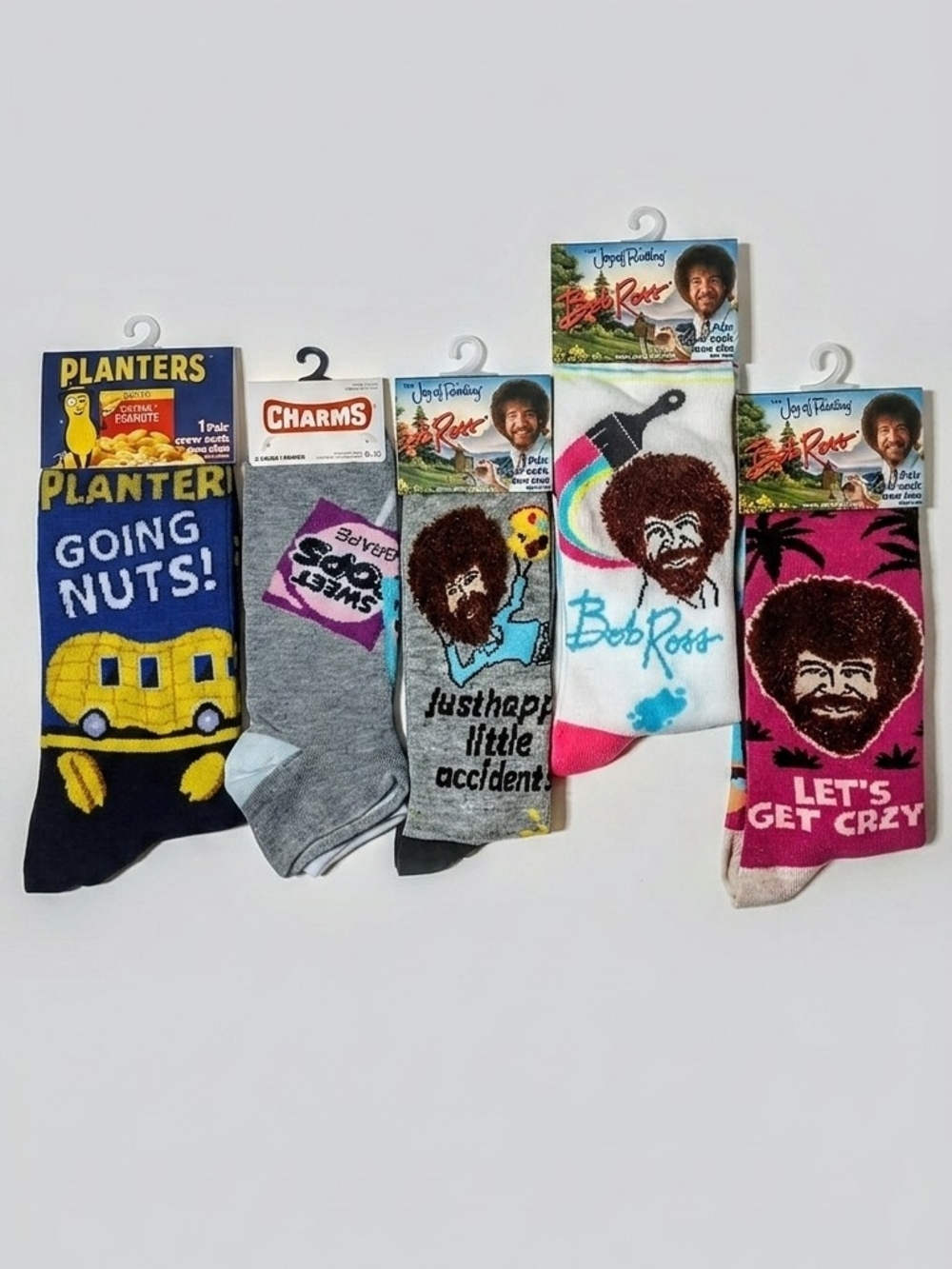 Lot of 6 - Bob Ross, Planters Peanuts, and Charms Blow Pops Novelty Socks - NWT